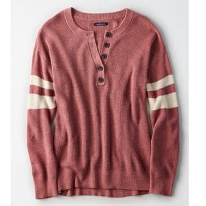 AE Varsity Stripe Henley Pullover Sweater, Blush, Size S